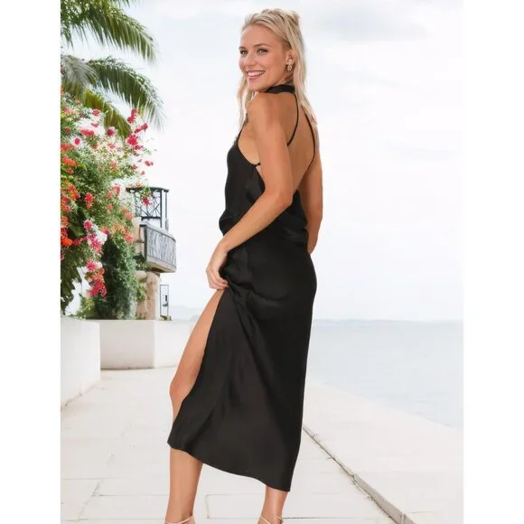 Women's Satin Backless Midi Dress High Neck Sleeveless Turtleneck Elegant